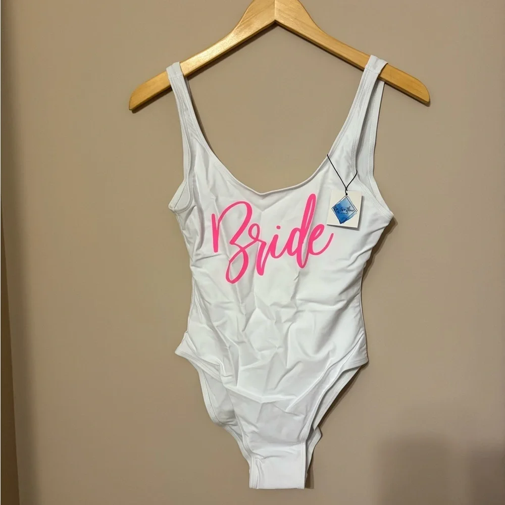 Bride One Piece Swimsuit White Pink Lettering Women's Size S - Picture 3 of 5